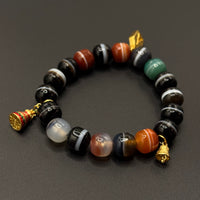 Natural Dzi Bead Agate Bracelet (天然一线药师天珠 +纯银镀金六字箴言铃铛、黄财神、菩提塔)