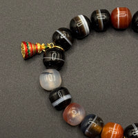 Natural Dzi Bead Agate Bracelet (天然一线药师天珠 +纯银镀金六字箴言铃铛、黄财神、菩提塔)