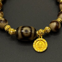 Dzi bead&Jambhala-yellow Bracelet(虎牙天珠&坛城三眼巴西玛瑙天珠&黄财神手串)