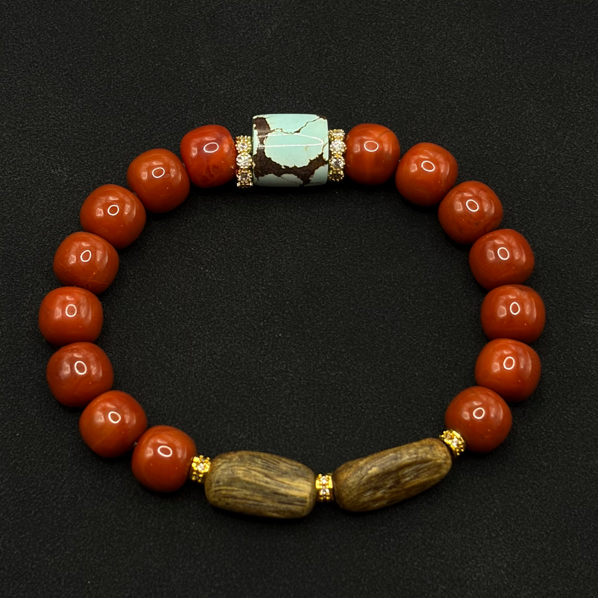 Southred Agate & Turquoise & Eaglewood Bracelet（瓦西南红原矿绿