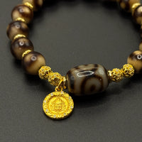 Three Dzi Bead & Jambhala-yellow Bracelet (坛城三眼巴西玛瑙天珠&黄财神手串)