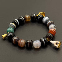 Natural Dzi Bead Agate Bracelet (天然一线药师天珠 +纯银镀金六字箴言铃铛、黄财神、佛像白善塔)