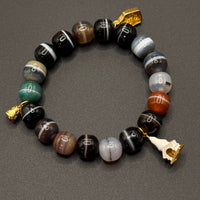 Natural Dzi Bead Agate Bracelet (天然一线药师天珠 +纯银镀金六字箴言铃铛、黄财神、佛像白善塔)