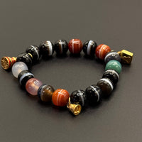 Natural Dzi Bead Agate Bracelet (天然一线药师天珠 +纯银镀金六字箴言铃铛、黄财神、菩提塔)