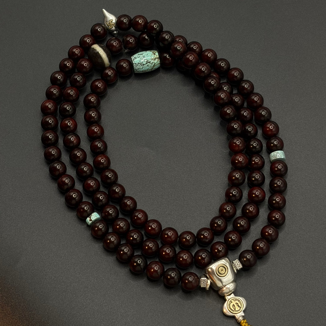 Indian Red Sandalwood 108 Mala Beads | Pure Line Dzi & Natural Turquoise（印度小叶紫檀108颗｜一线药师・原矿绿松石）