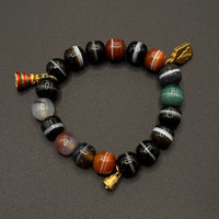 Natural Dzi Bead Agate Bracelet （天然一线药师天珠 +纯银镀金六字箴言铃铛、黄财神、菩提塔）
