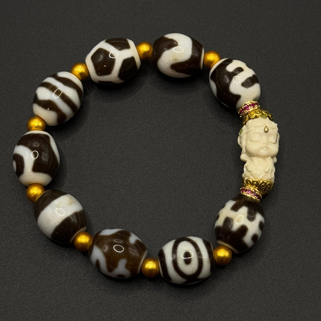 Porcelainized Multi-Treasure Dzi Bead Bracelet（猛犸绿度母瓷白多宝天珠）