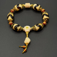 TigerTooth Dzi bead & Nine-tailed Fox and Five-Script Charms Bracelet （虎牙天珠配猛犸雕刻九尾狐五条经文手串）