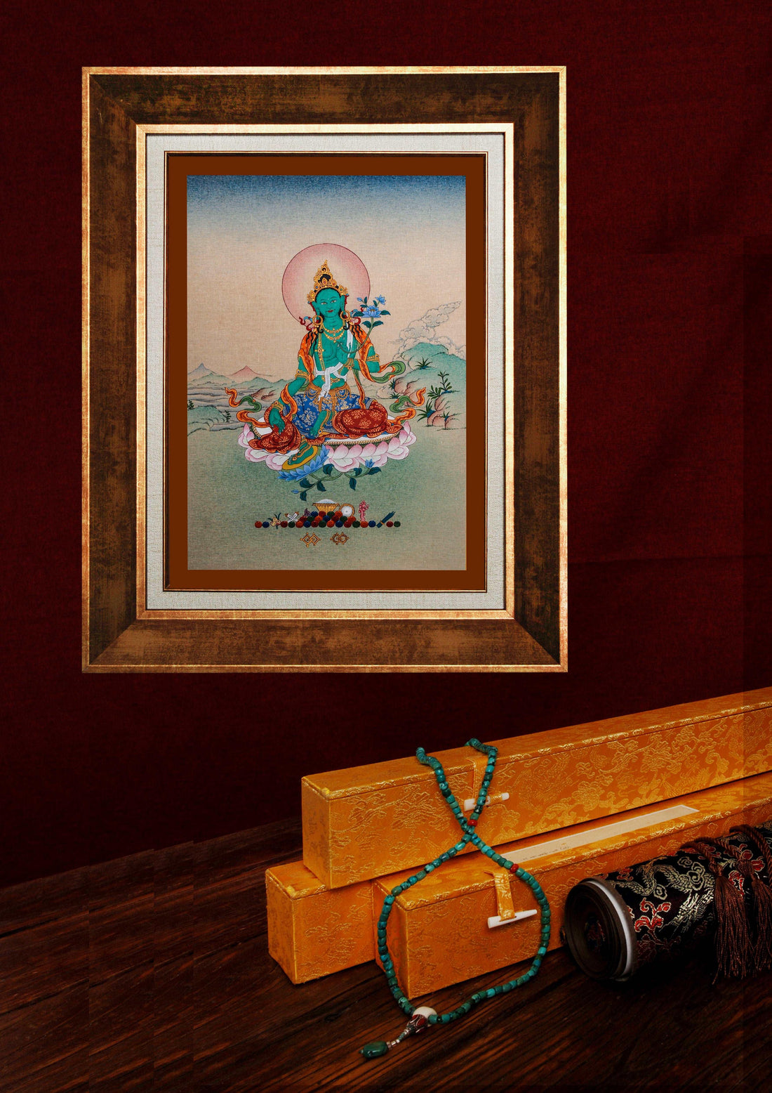 Bodhisattva Tara Green Thangka Painting Rare Item