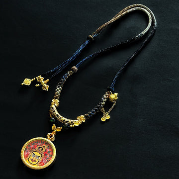 Hand-painted Yellow Jambhala Round Thangka Pendant