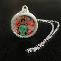 Bodhisattva Tara Green Thangka Silver Chain Necklace