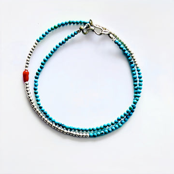 Turquoise Silver Bead Double Circle Bracelet