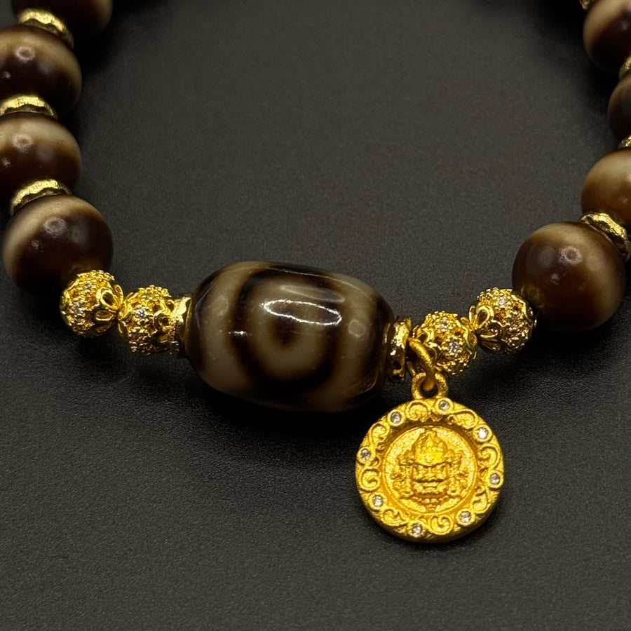 Dzi Bead & Jambhala-yellow Bracelet (一线药师&坛城三眼巴西玛瑙天珠黄财神手串）