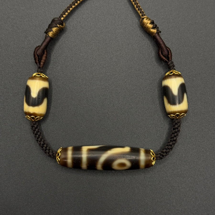 Two-Eye & Tiger Tooth Dzi Bead Necklace （如意二眼双虎牙天珠项链）