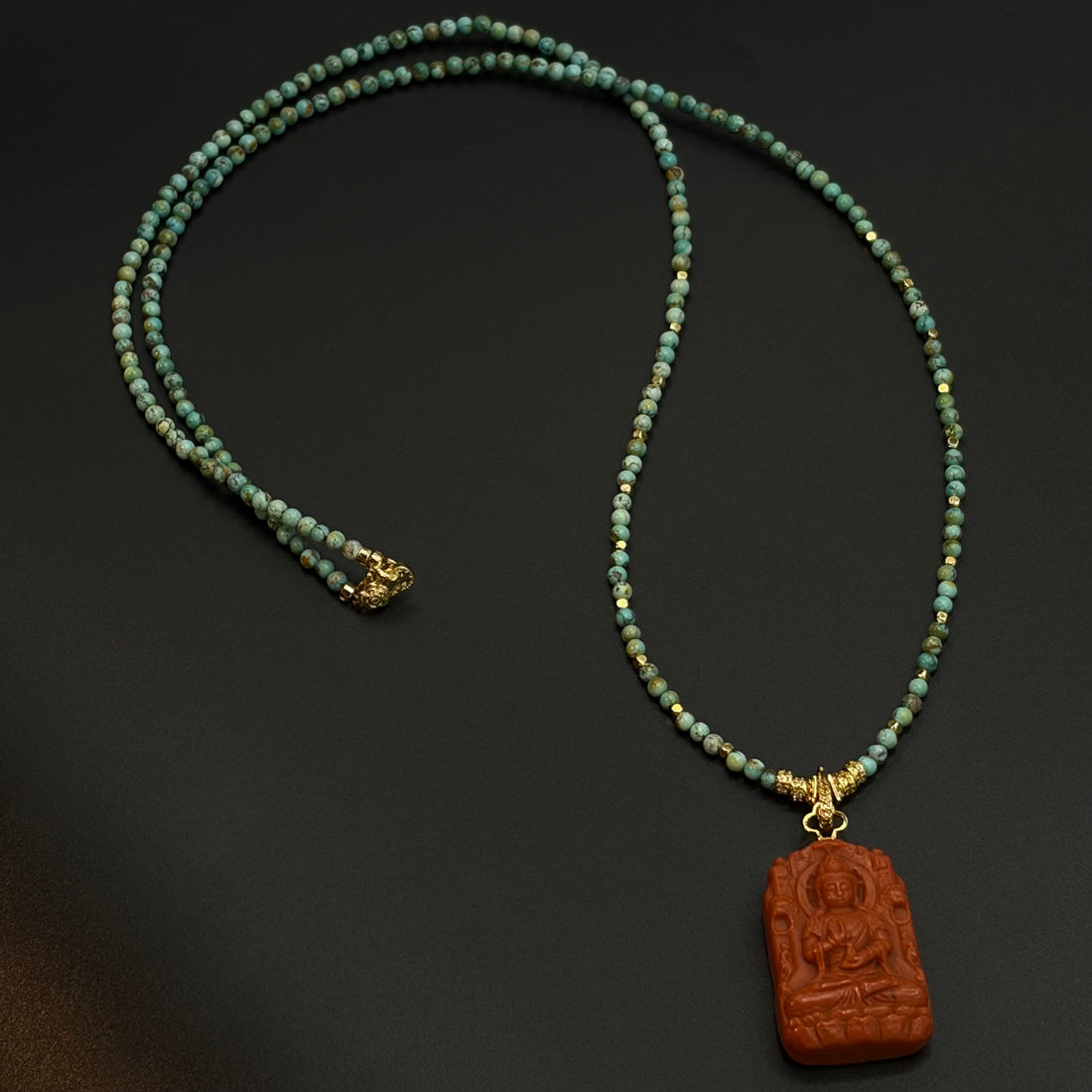 Hand-Carved Waxi Nanhong Agate Guanyin ＆Natural Turquoise Pendant Necklace （瓦西南红观世音菩萨原矿绿松石项链）