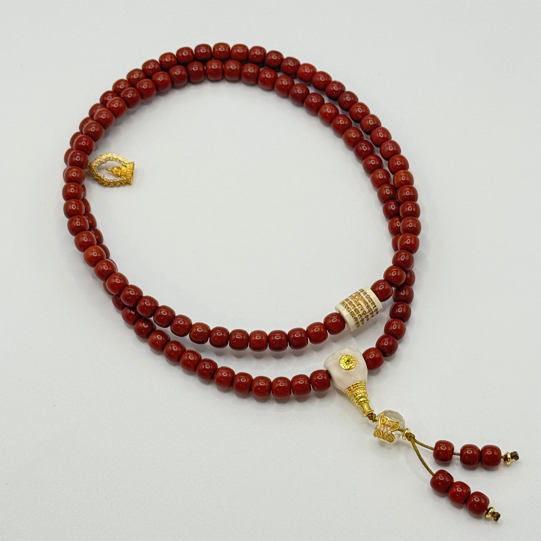 Southred Agate 108 beads(满色满肉南红玛瑙108颗 +猛犸牙五条经文+银镀金无相观音 +驼骨三通）