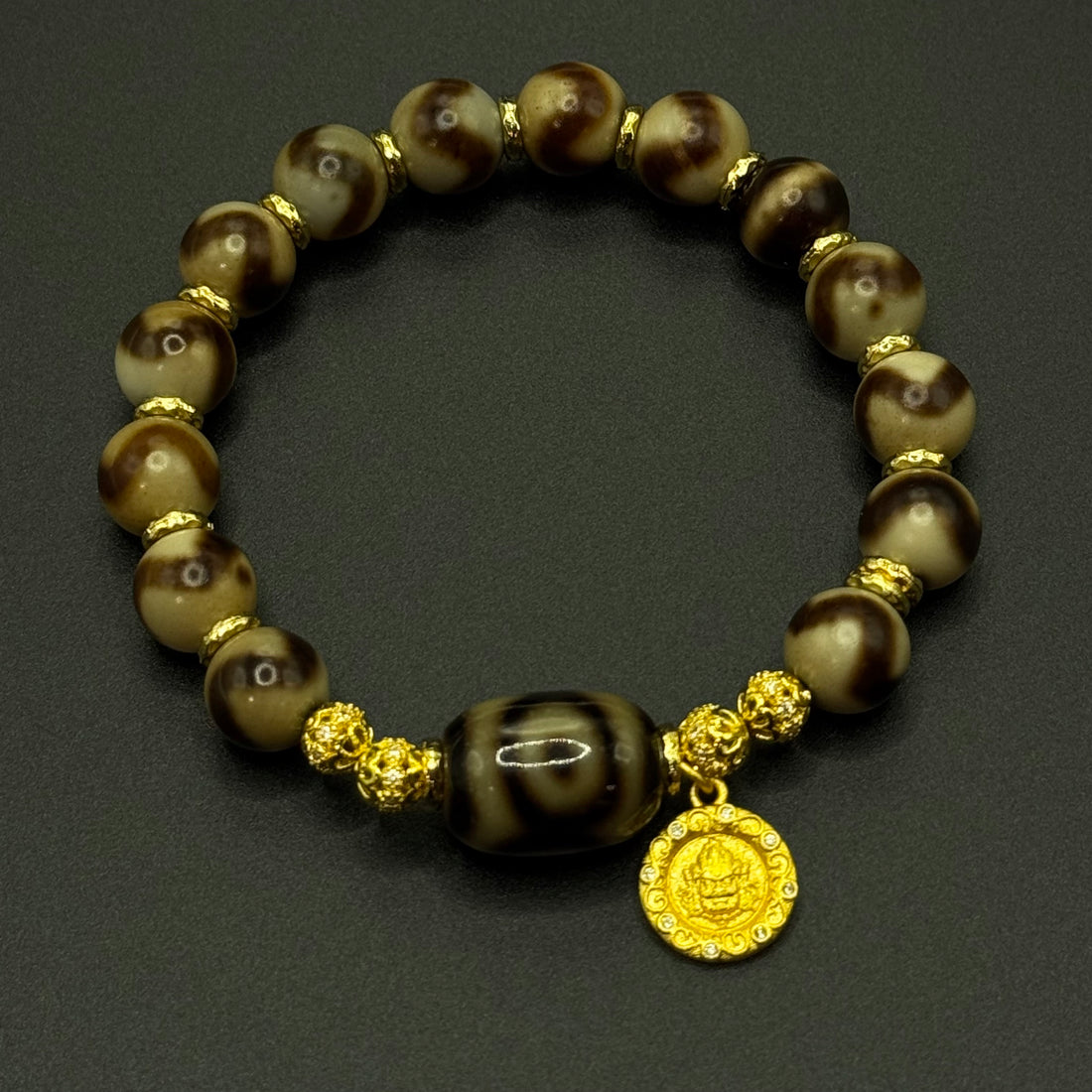 Dzi bead&Jambhala-yellow Bracelet(虎牙天珠&坛城三眼巴西玛瑙天珠&黄财神手串）
