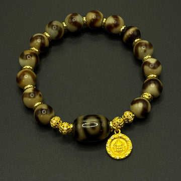 Dzi bead&Jambhala-yellow Bracelet(虎牙天珠&坛城三眼巴西玛瑙天珠&黄财神手串）