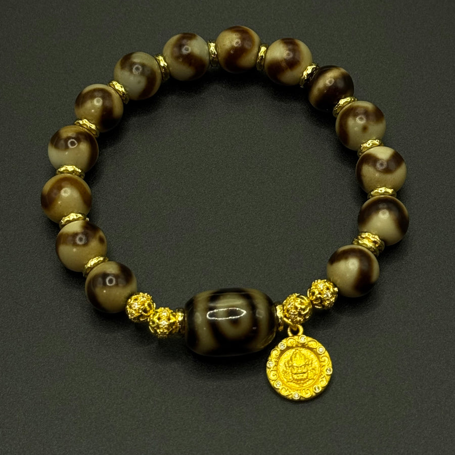 Dzi bead&Jambhala-yellow Bracelet(虎牙天珠&坛城三眼巴西玛瑙天珠&黄财神手串）