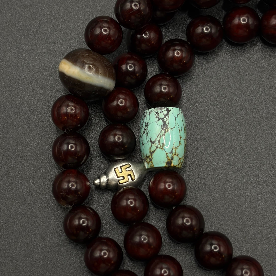 Indian Red Sandalwood 108 Mala Beads | Pure Line Dzi & Natural Turquoise（印度小叶紫檀108颗｜一线药师・原矿绿松石）