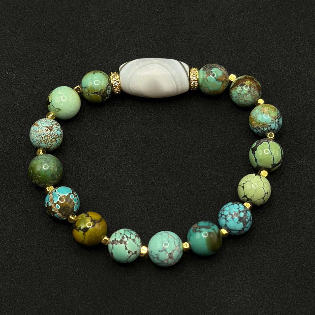 Turquoise & Dzi Bead Bracelet（原矿绿松石白法眼天珠手串）