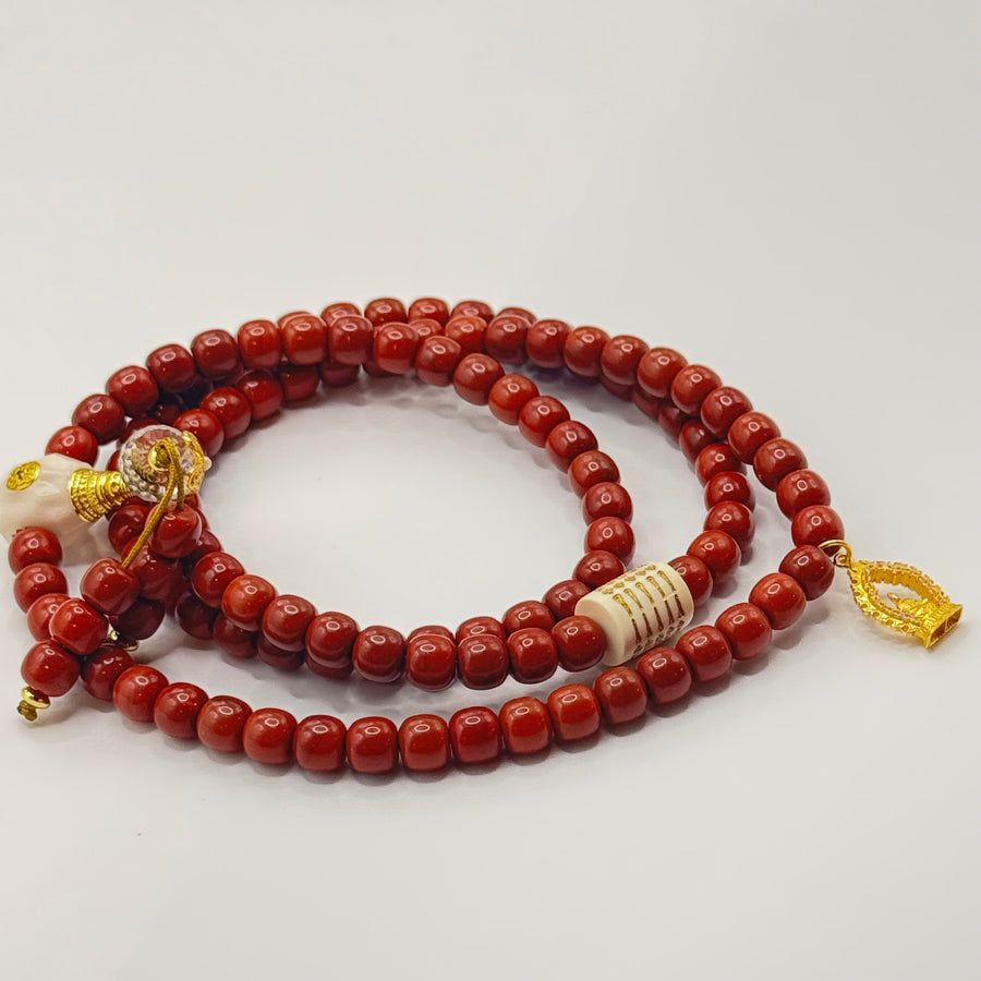 Southred Agate 108 beads(满色满肉南红玛瑙108颗 +猛犸牙五条经文+银镀金无相观音 +驼骨三通）