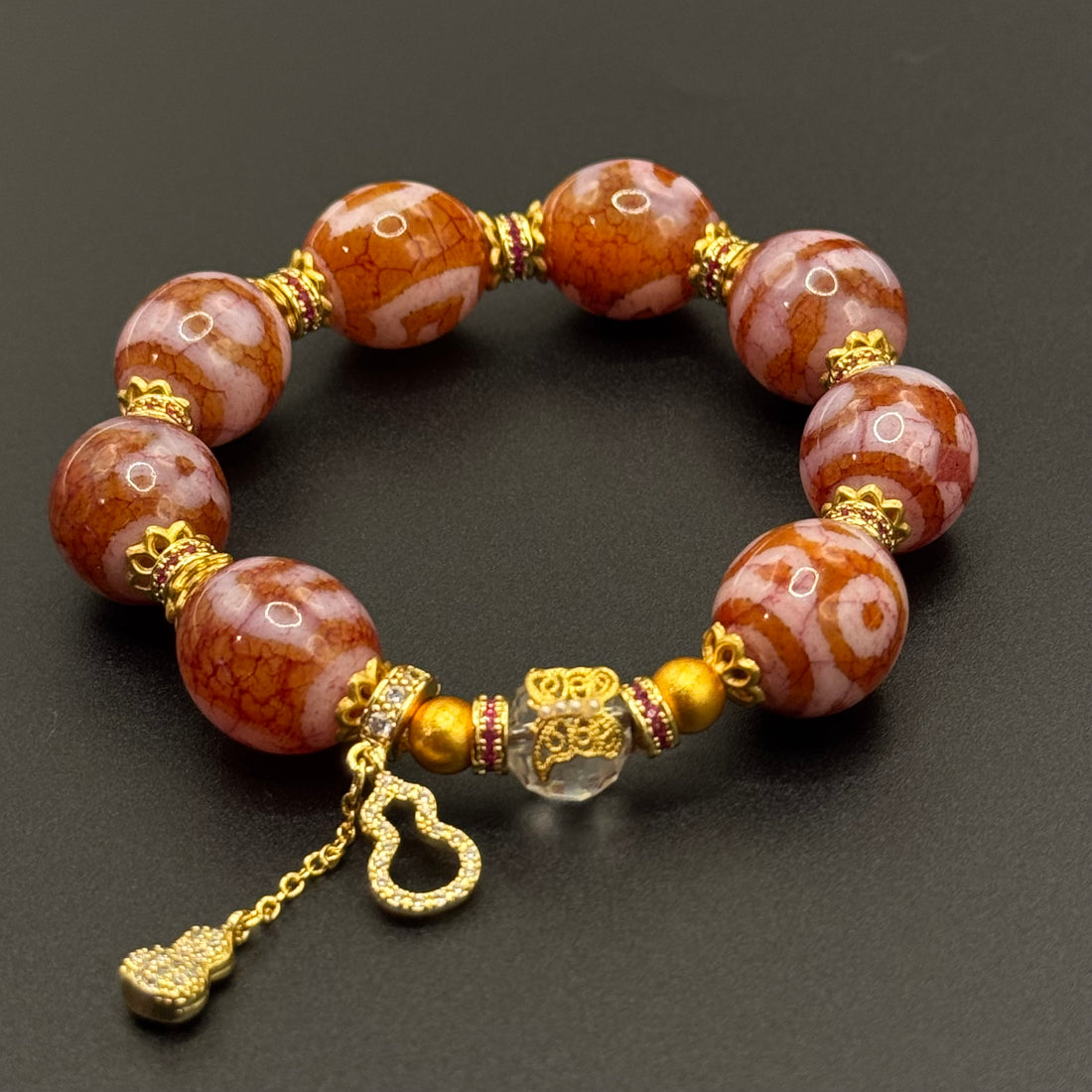 Himalayan Pink Dzi Bead Bracelet (达洛天珠手串葫芦吊坠）