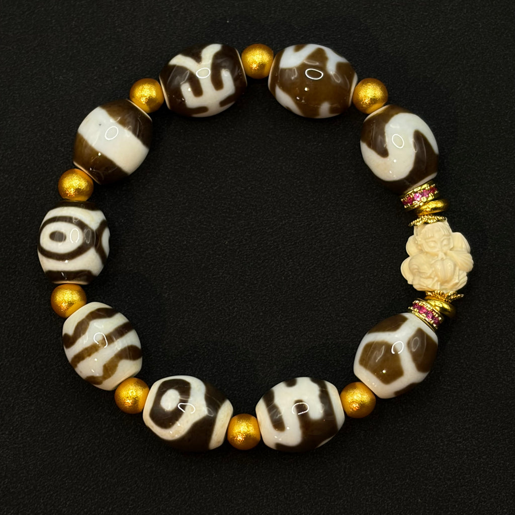 Nine-Tailed Fox Porcelainized Multi-Treasure Dzi Bead Bracelet（猛犸九尾狐瓷白多宝天珠）