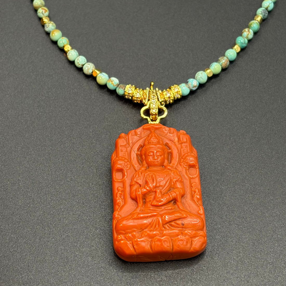 Hand-Carved Waxi Nanhong Agate Guanyin ＆Natural Turquoise Pendant Necklace （瓦西南红观世音菩萨原矿绿松石项链）