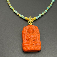 Hand-Carved Waxi Nanhong Agate Guanyin ＆Natural Turquoise Pendant Necklace （瓦西南红观世音菩萨原矿绿松石项链）
