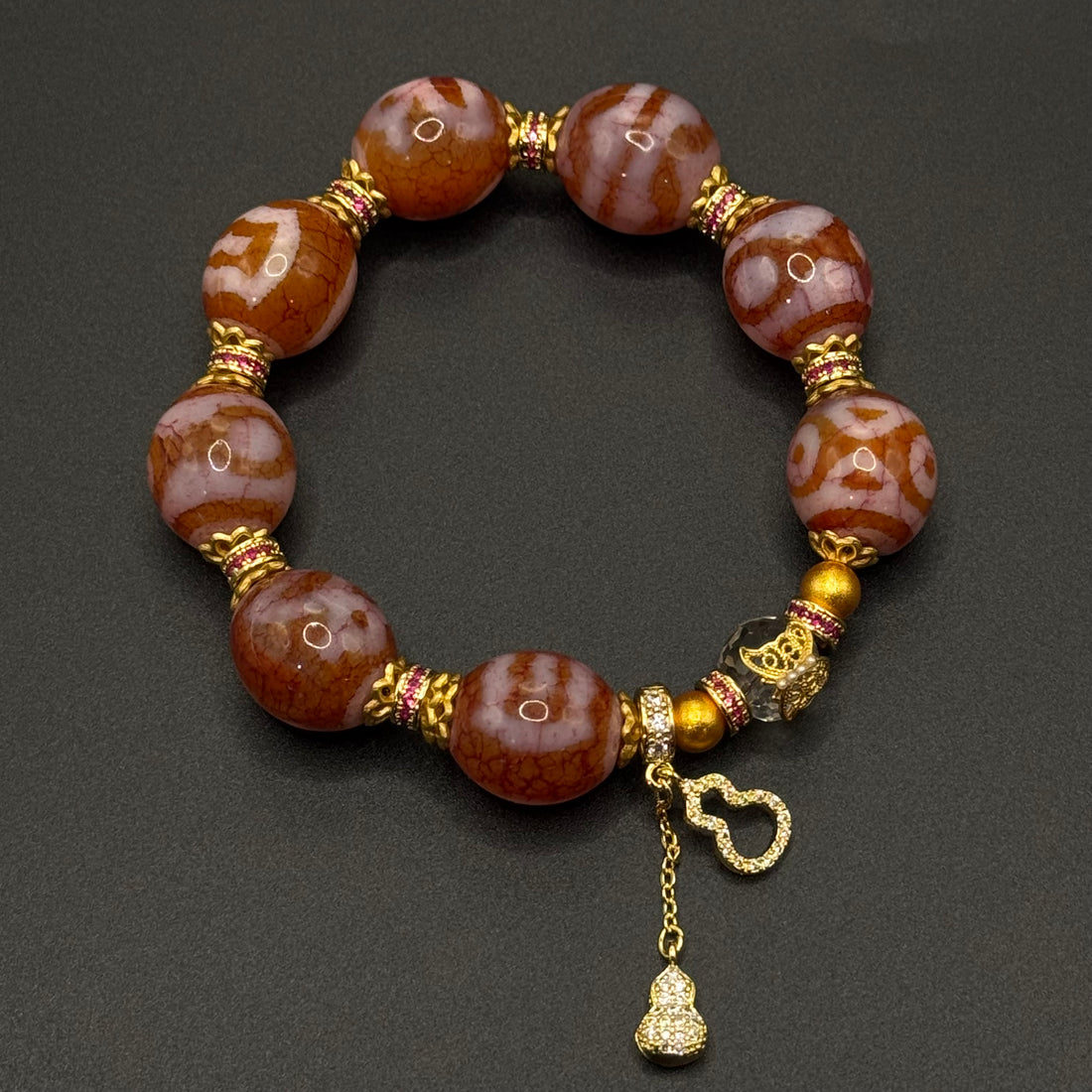 Himalayan Pink Dzi Bead Bracelet (达洛天珠手串葫芦吊坠）