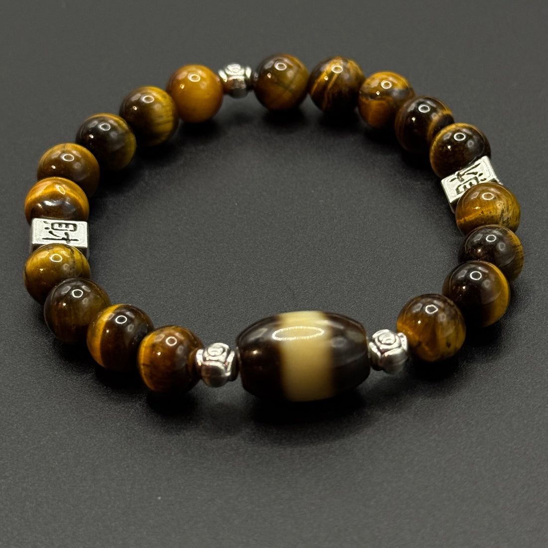 One-Line Medicine Dzi Bead & Tiger’s Eye Bracelet（一线药师天珠虎眼石手串）