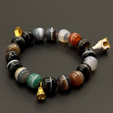 Natural Dzi Bead Agate Bracelet （天然一线药师天珠 +纯银镀金六字箴言铃铛、黄财神、佛像白善塔）