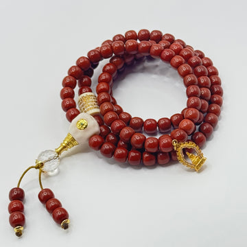 Southred Agate 108 beads(满色满肉南红玛瑙108颗 +猛犸牙五条经文+银镀金无相观音 +驼骨三通）