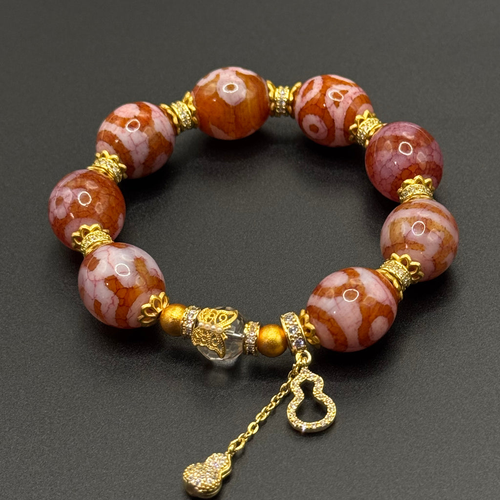 Himalayn Pink Dzi Bead Bracelet (达洛天珠手串葫芦吊坠）