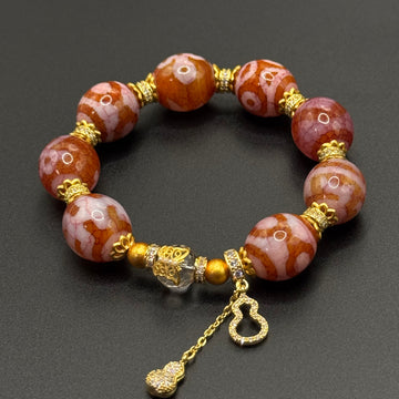 Himalayn Pink Dzi Bead Bracelet (达洛天珠手串葫芦吊坠）