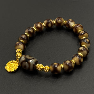 Three Dzi Bead & Jambhala-yellow Bracelet (坛城三眼巴西玛瑙天珠&黄财神手串）