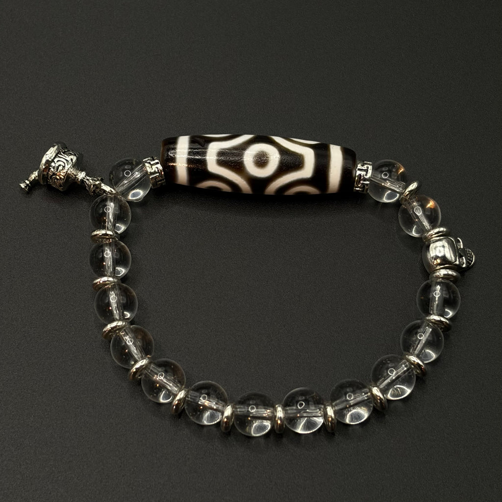 Six-Eye Dzi Bead & Himalayan Clear Quartz Bracelet
 （六眼天珠喜马拉雅白水晶手串）