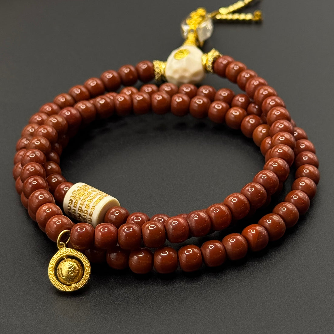 Southred Agate 108 beads（锦红南红老型珠 108 颗&猛犸五条经文&驼骨三通&白水晶背云）