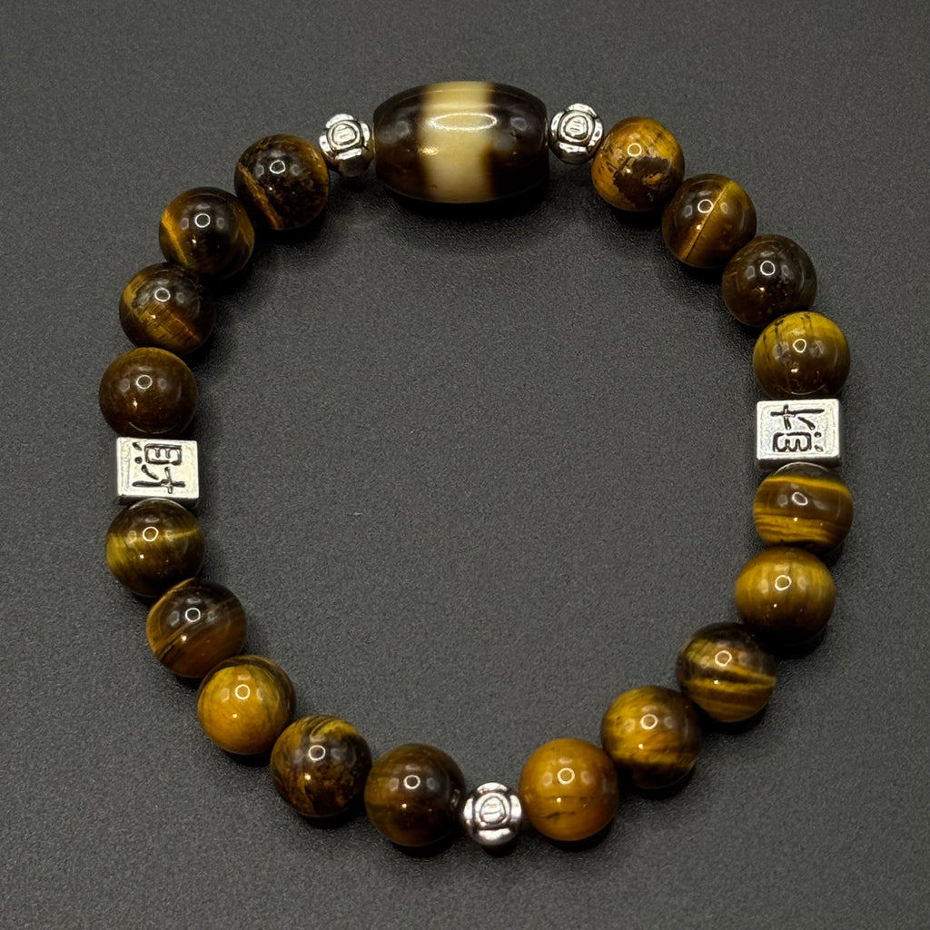 One-Line Medicine Dzi Bead & Tiger’s Eye Bracelet（一线药师天珠虎眼石手串）