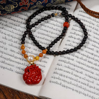 Cinnabar Nine tailed Fox & Scented Rosewood Necklace (朱砂九尾狐配降真香)