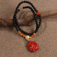 Cinnabar Nine tailed Fox & Scented Rosewood Necklace (朱砂九尾狐配降真香)
