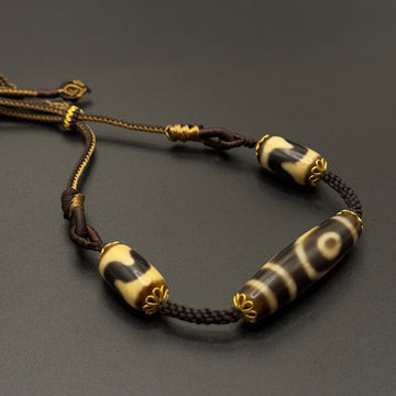 Two-Eye & Tiger Tooth Dzi Bead Necklace （如意二眼双虎牙天珠项链）