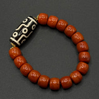 Nine--eyed Dzi bead Southred Agate Bracelet (九眼天珠柿子红南红手串）