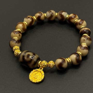 Dzi bead&Jambhala-yellow Bracelet(虎牙天珠&坛城三眼巴西玛瑙天珠&黄财神手串）