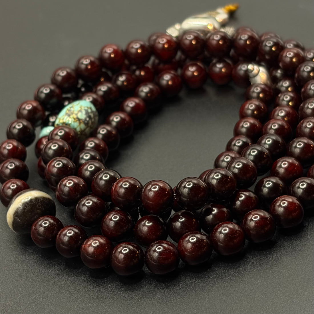 Indian Red Sandalwood 108 Mala Beads | Pure Line Dzi & Natural Turquoise（印度小叶紫檀108颗｜一线药师・原矿绿松石）