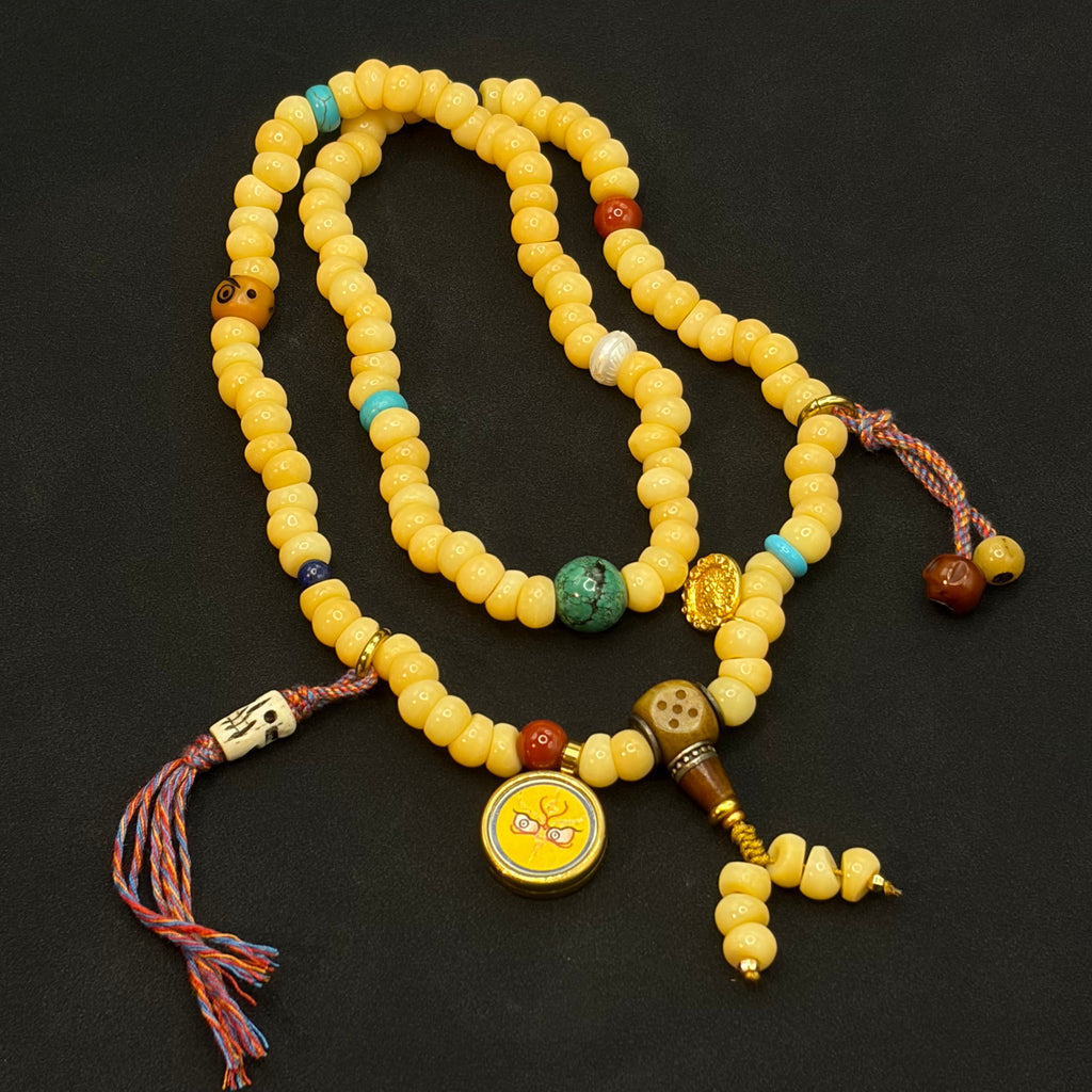 108 Da Chang Beads Bracelet – Handcrafted from Camel Bone （驼骨大肠108颗＆黄财神法眼唐卡）