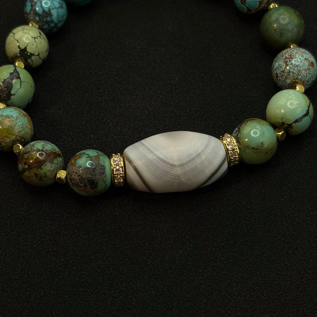 Turquoise & Dzi Bead Bracelet（原矿绿松石白法眼天珠手串）