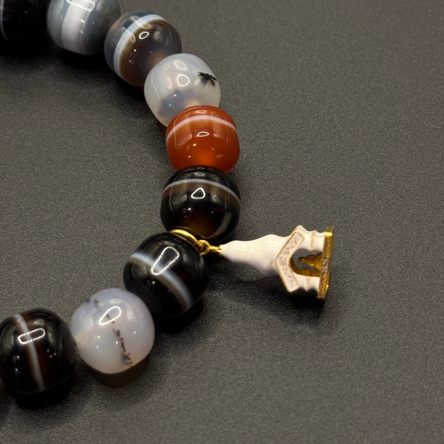 Natural Dzi Bead Agate Bracelet （天然一线药师天珠 +纯银镀金六字箴言铃铛、黄财神、佛像白善塔）