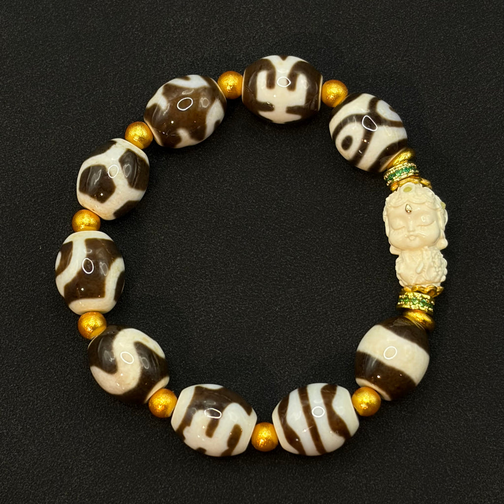Porcelainized Multi-Treasure Dzi Bead Bracelet（猛犸绿度母瓷白多宝天珠）